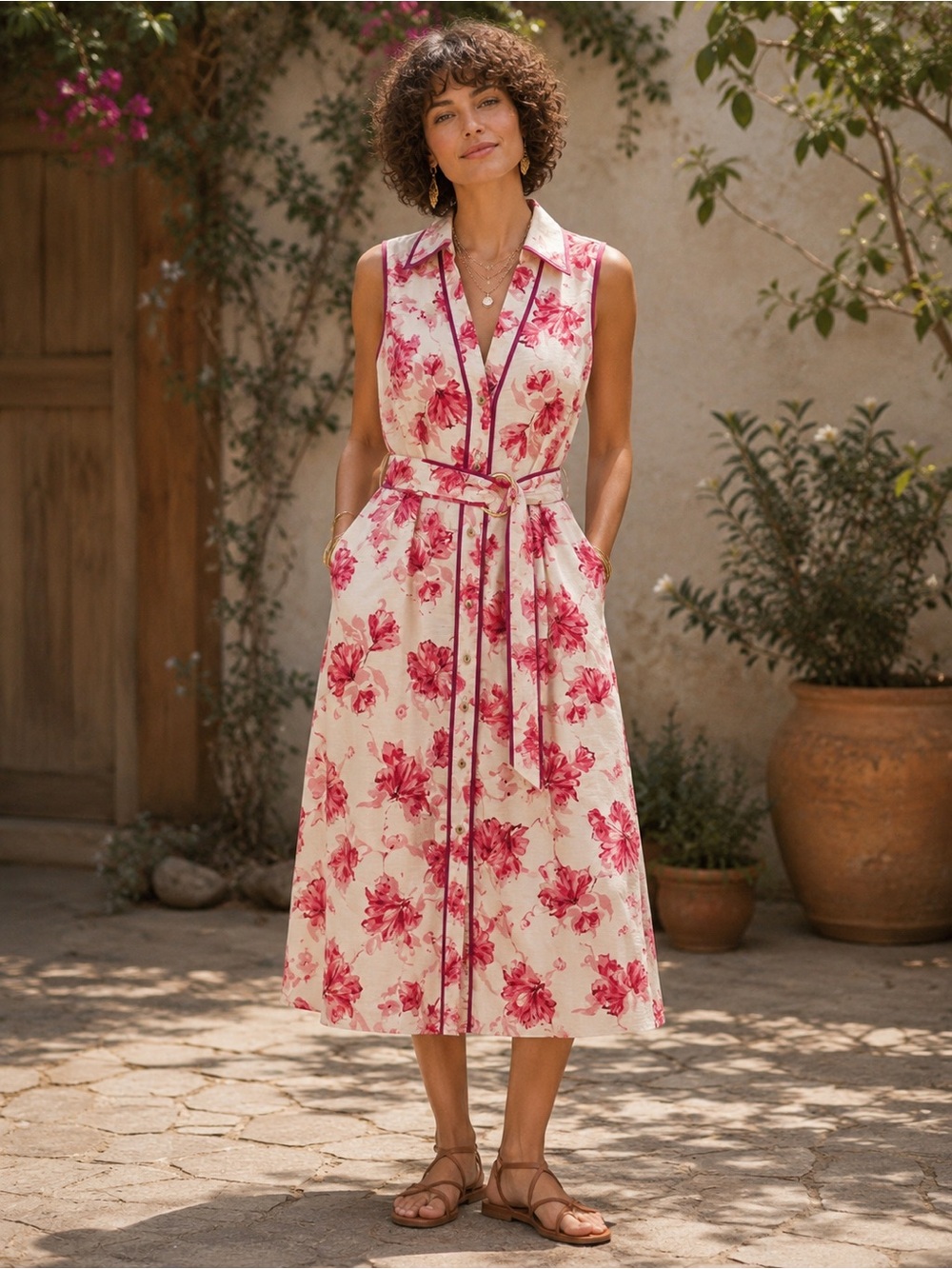 H063 NWT La February M ptp18 Sleeveless Cream Dress w/ Pink Floral Print Belt